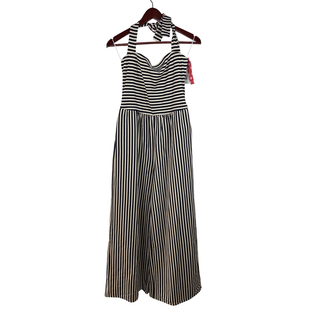 Cider Jumpsuit Medium Striped Halter Wide Leg Navy Cream Nautical Pockets NWT